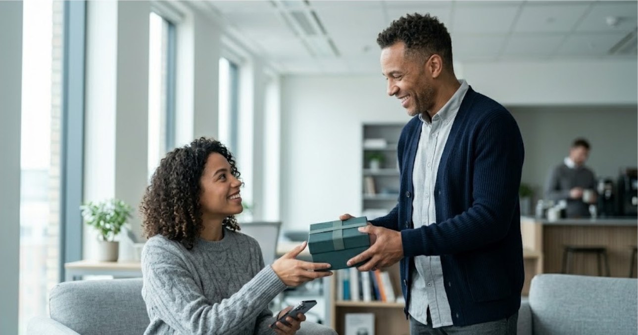 A brand team member hands a branded gift box to a colleague in an office.