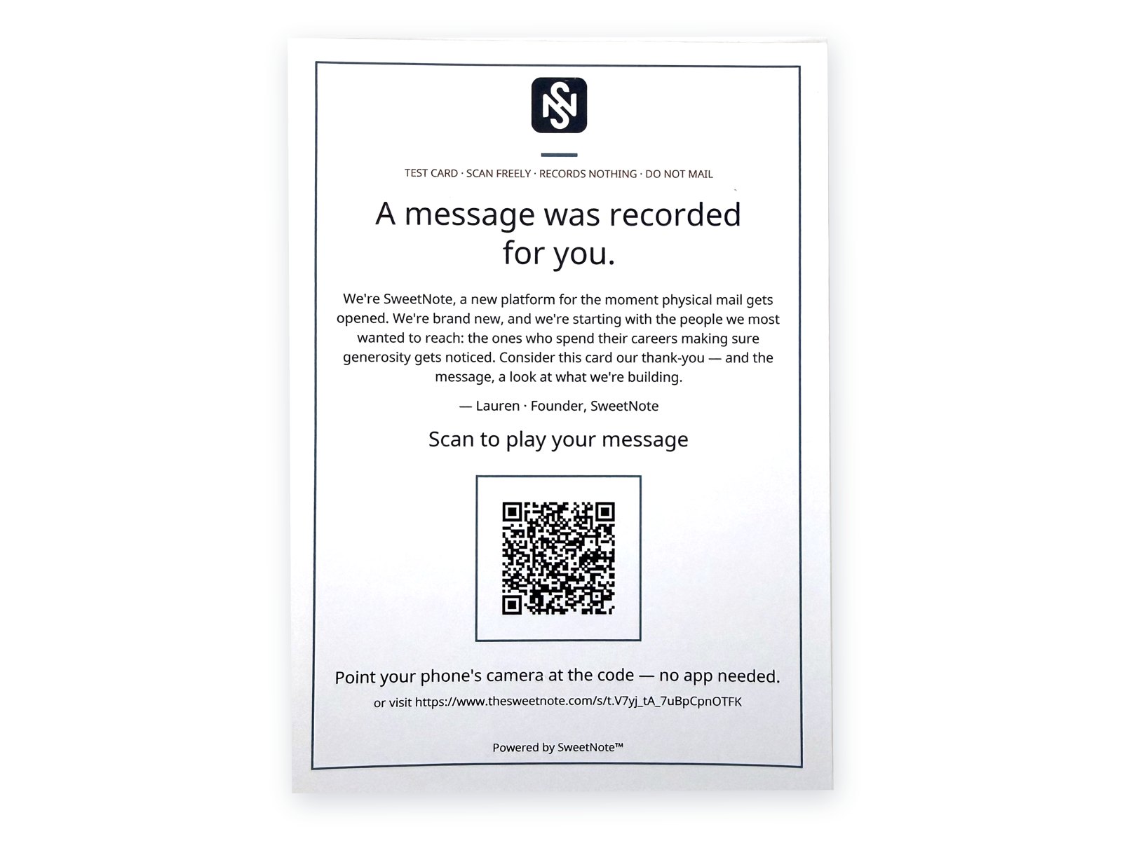 A specimen of the printed card: 'A message was recorded for you,' a short note, and a QR code, marked TEST CARD