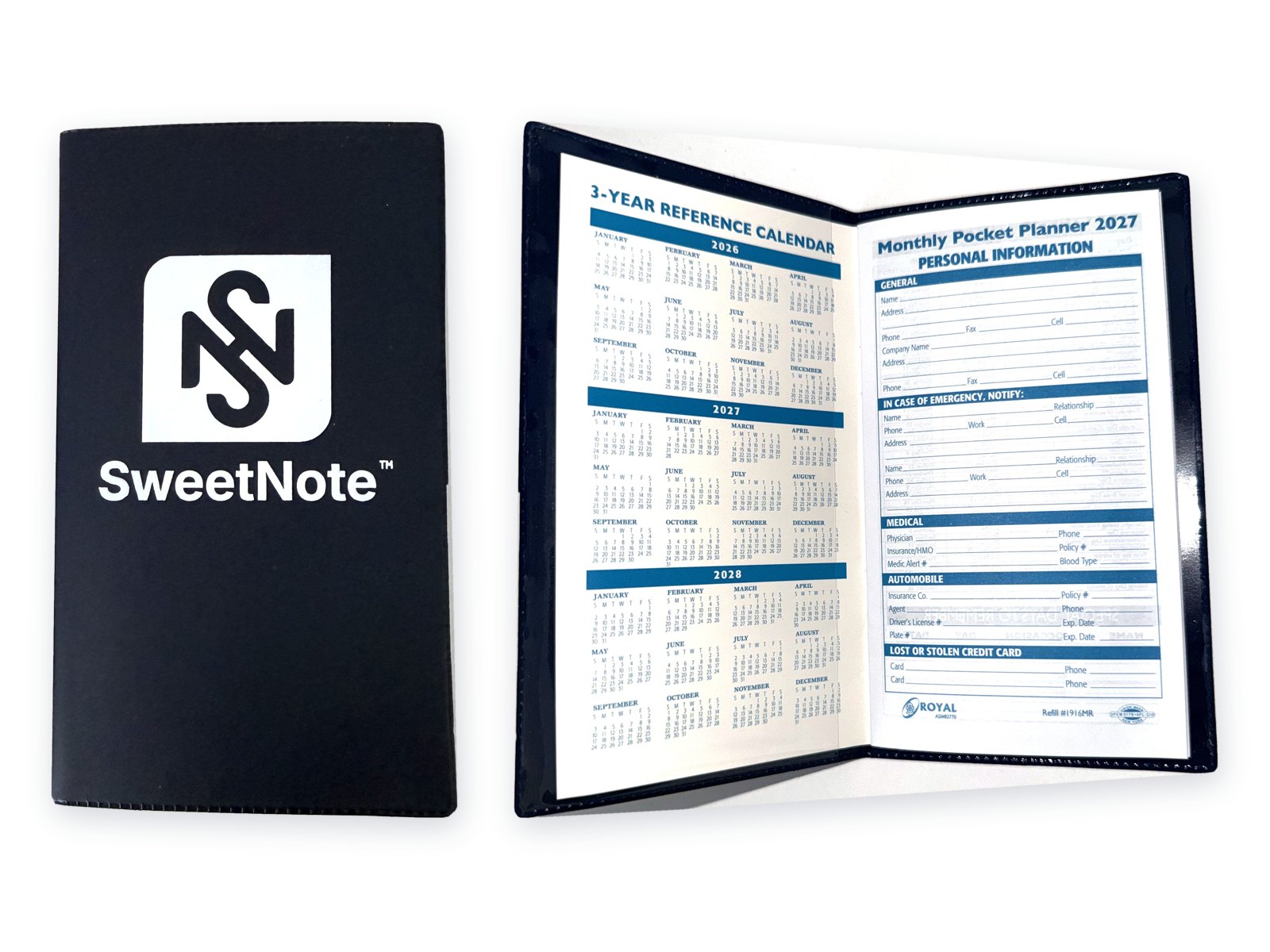 The gift: the navy SweetNote pocket planner, closed, and open to its calendar and planner pages