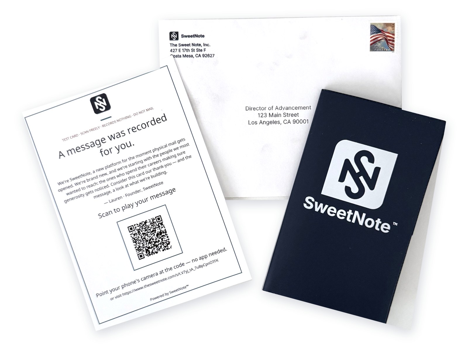 The gift-arm package laid flat: the printed card, the A7 envelope, and the navy SweetNote pocket-planner gift