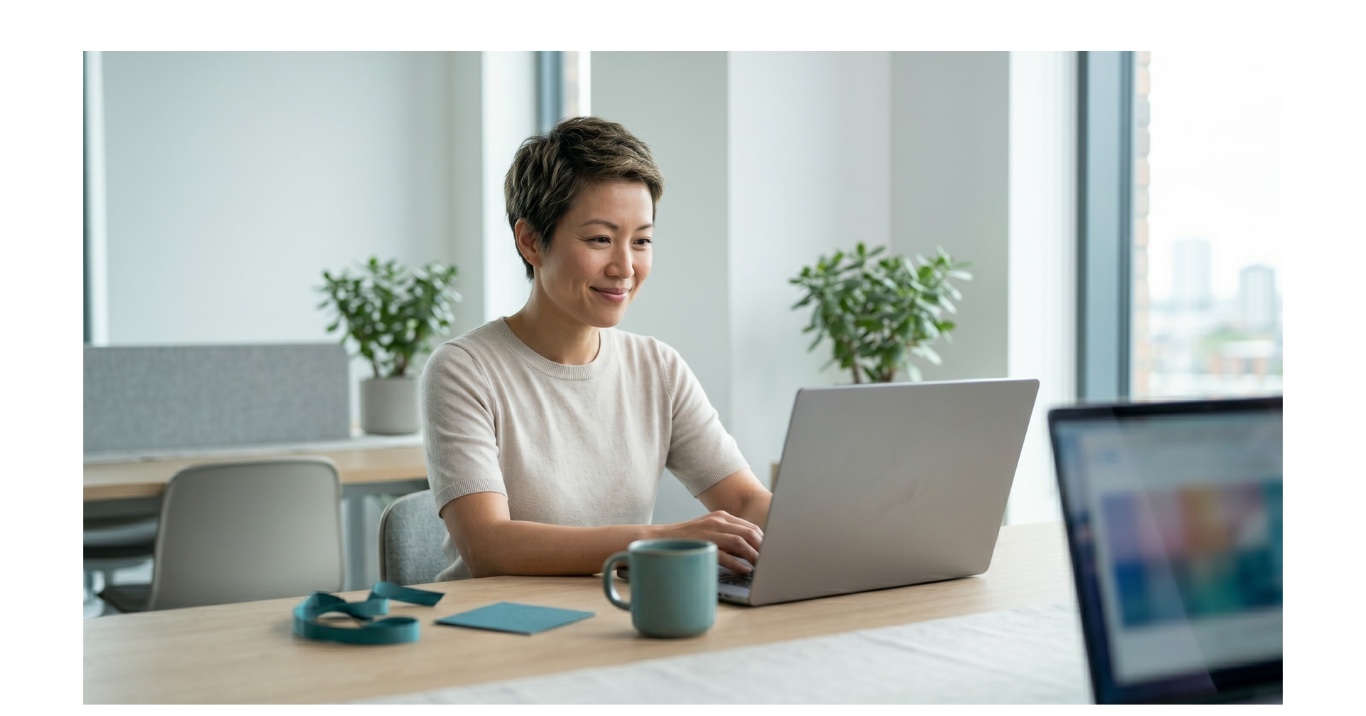 A brand operator configures a SweetNote campaign on her laptop, branded card and ribbon staged on the desk beside her.